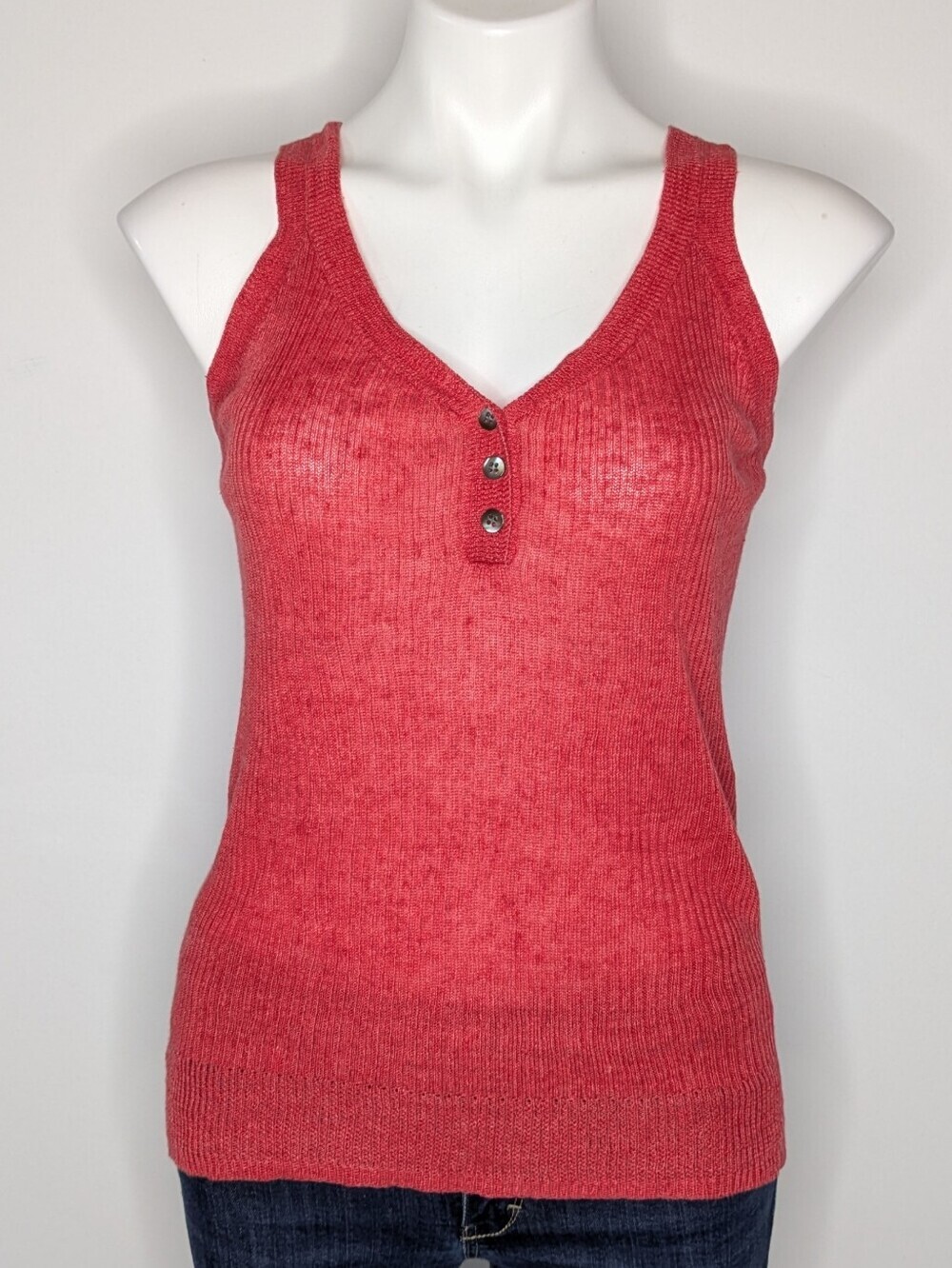 Eileen Fisher Red Sheer Loose Knit Linen V Neck Tank Top Sweater MP